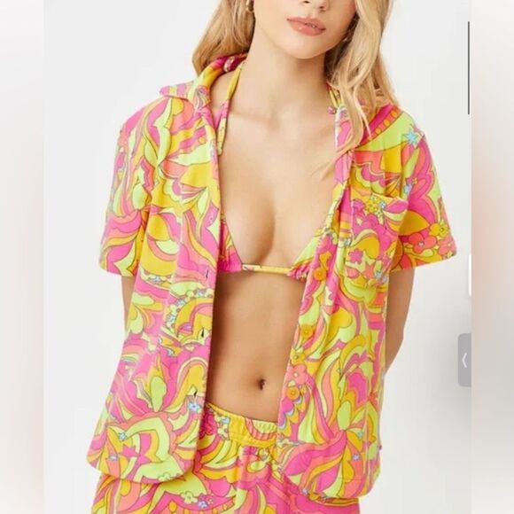 Frankie's Bikinis Coco Peace Terry Pink and Yellow Floral Set - Picture 1 of 8